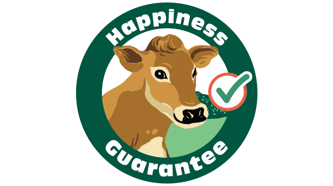 Happiness Guarantee seal from Organic Valley showcasing a cow inside a green circle