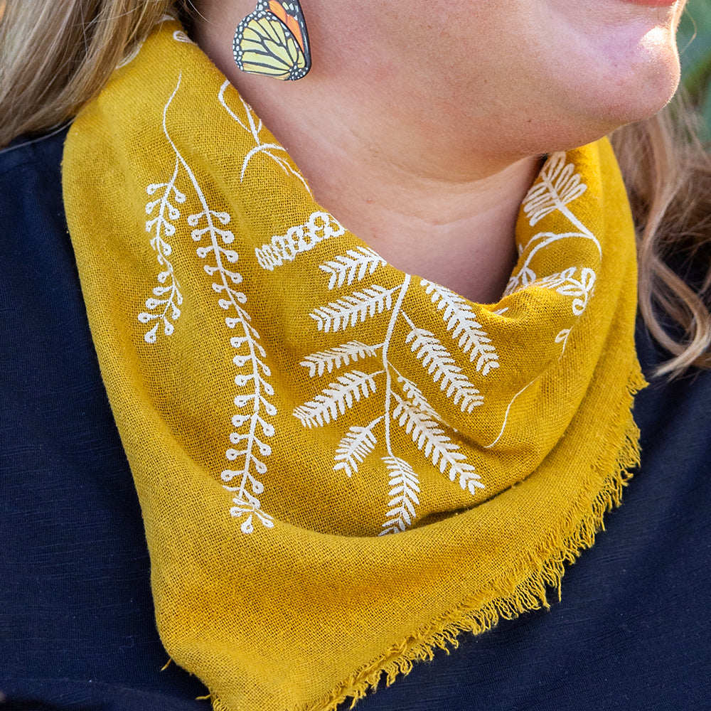 Botanical Print Silk Bandana in Goldenrod color