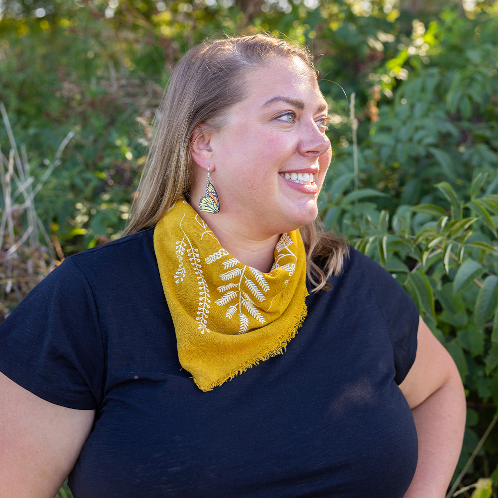 Botanical Print Silk Bandana in Goldenrod color